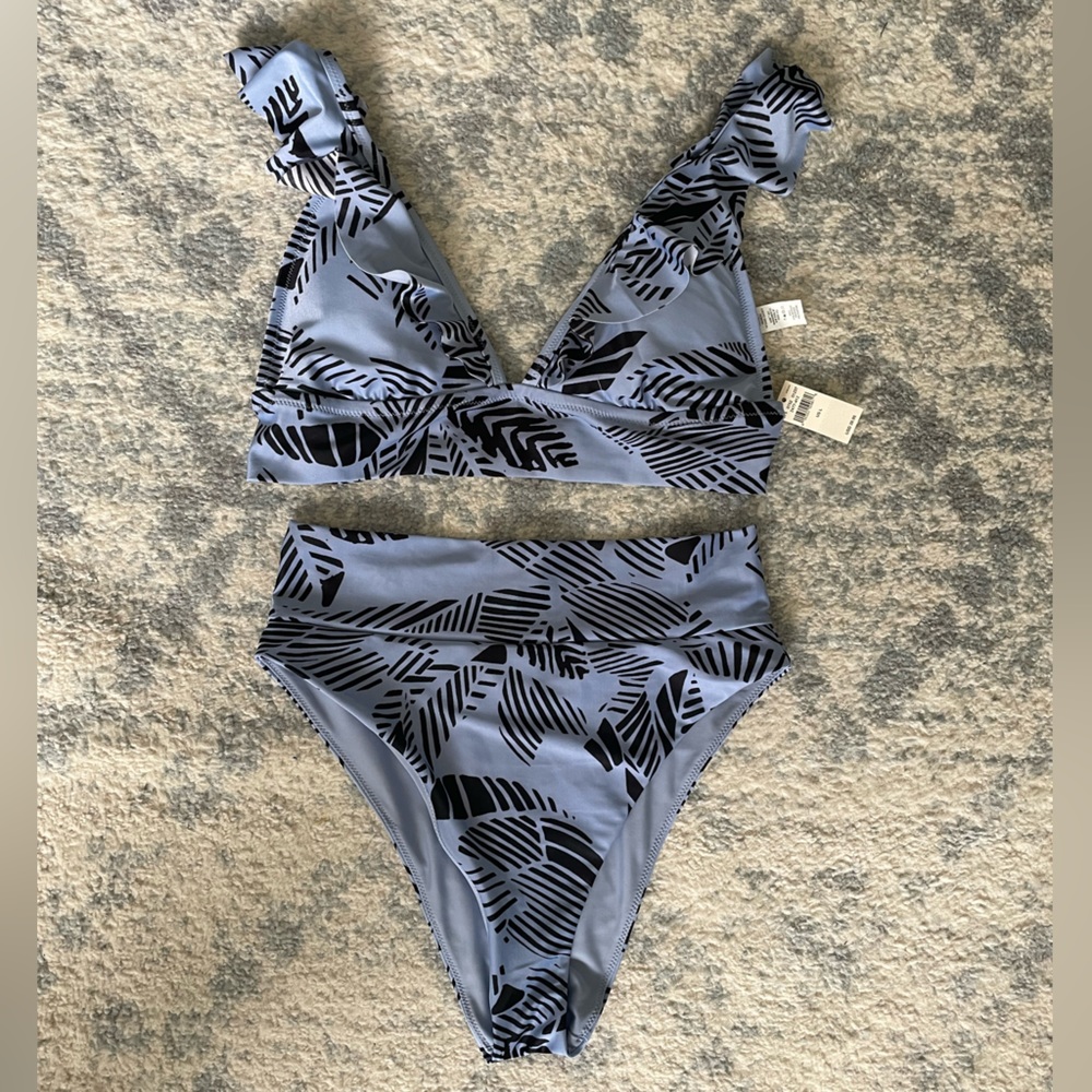 aerie Two-Piece Bikini Set in Light Blue with Black Leaf Print